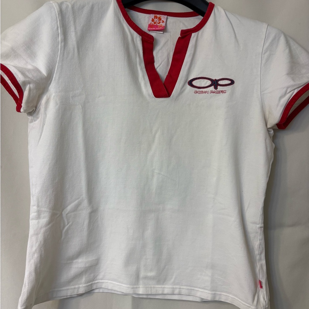 Ocean Pacific, White and Red V-Neck Short Sleeve Tee